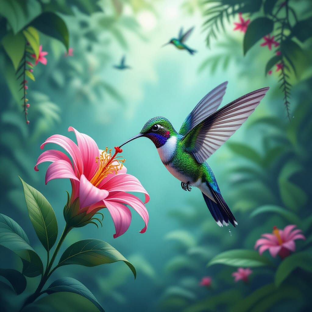 Hummingbird Sipping Nectar in Jungle Oasis