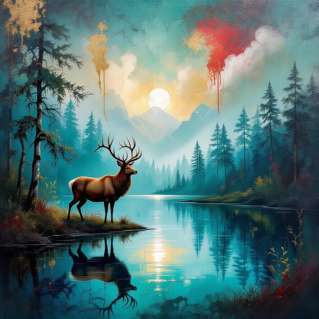 Mystical Stag by Reflective Lake in Textured Mixed Media