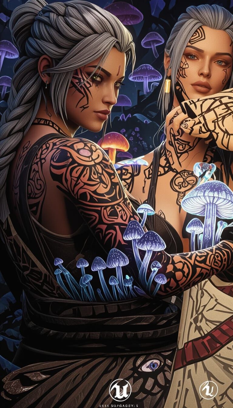 Fantasy Tattoo Artist in Mystical Forest with Glowing Mushro...