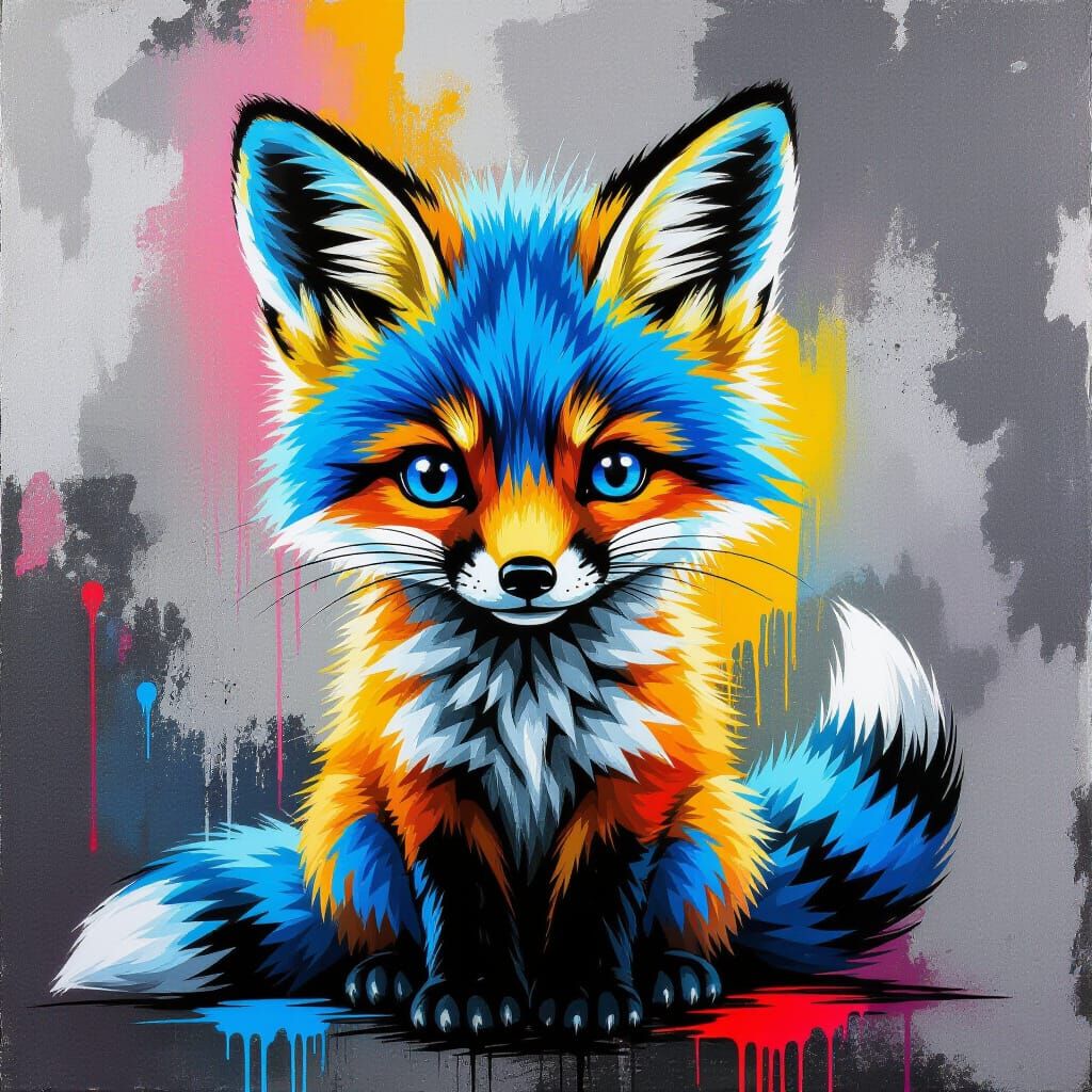 Blue Striped Fox Cub in Graffiti Art Style