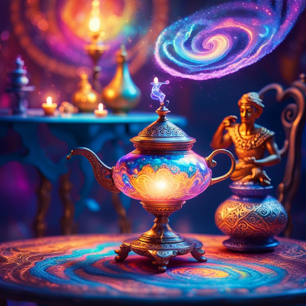 Magic Lamp Unleashes Genie in Surreal Cosmic Art