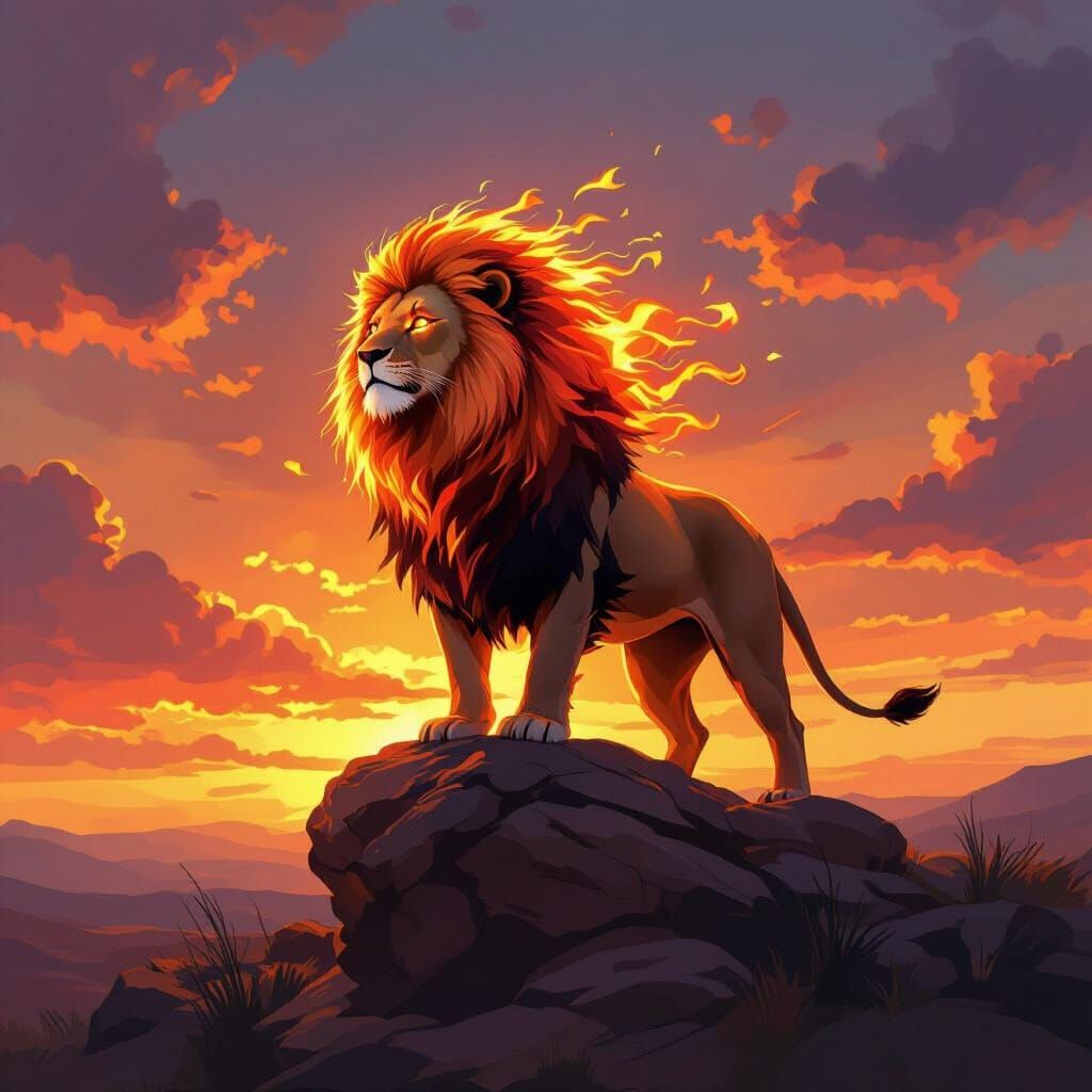 Fiery Lion at Sunset: Impressionistic Digital Art
