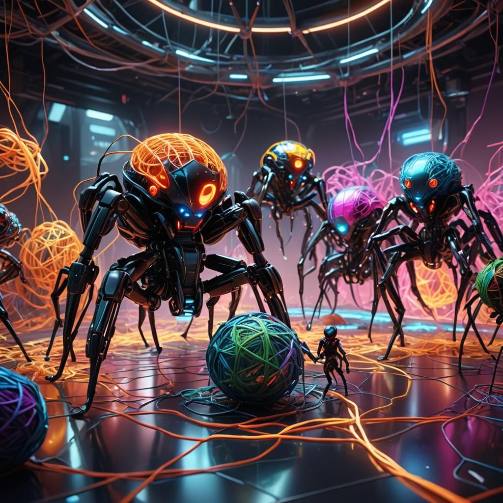 Futuristic Arachnid Cyborgs Gathering Yarns, Sci-Fi Art