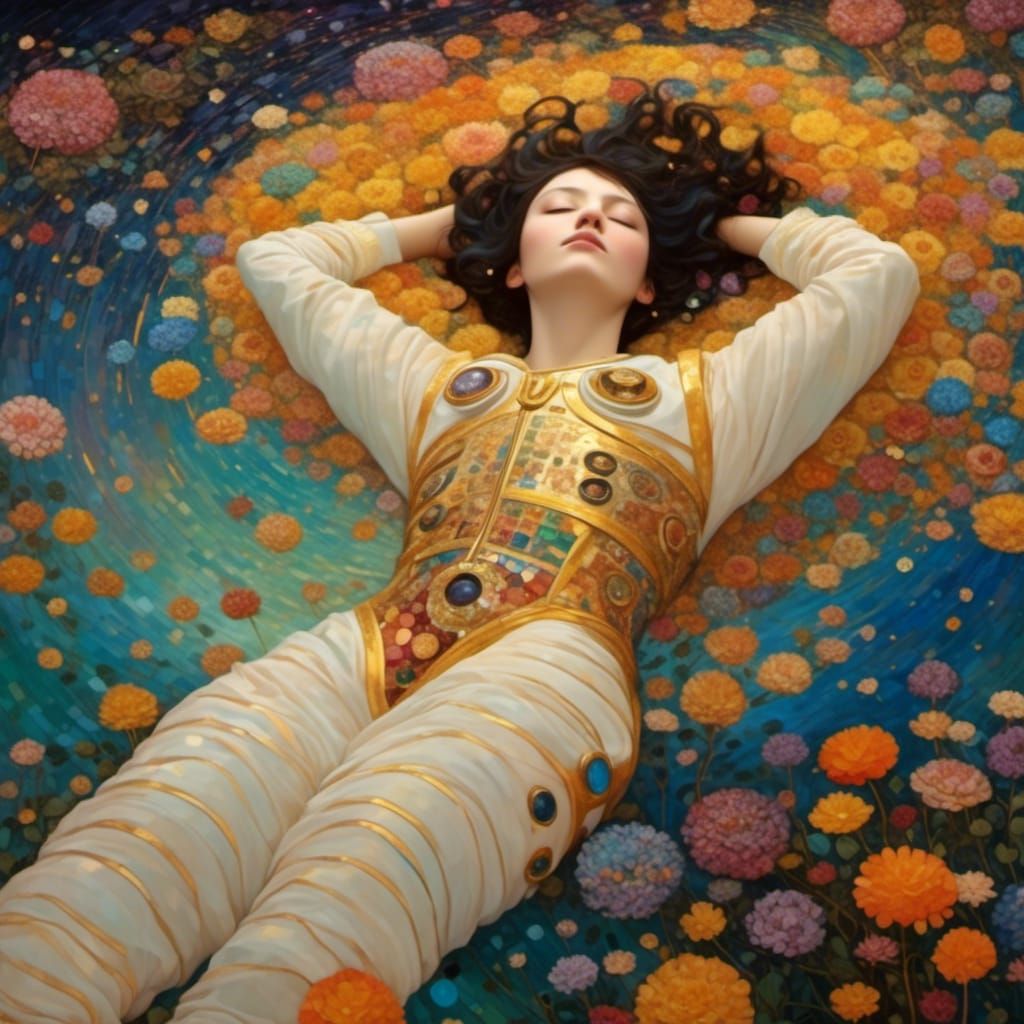 Astronaut Drifting Through Cosmic Flowers in Art Nouveau Sty...