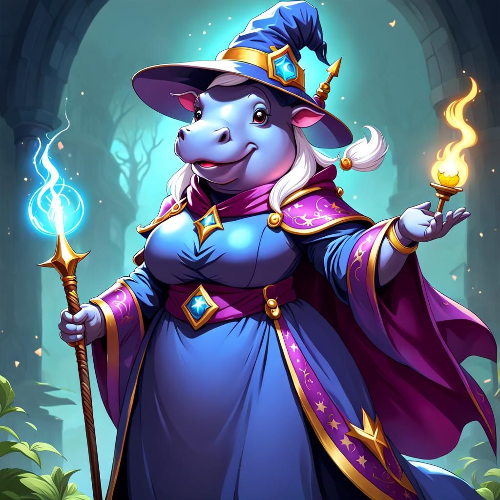 Anthropomorphic Hippo Lady Wizard Illustration