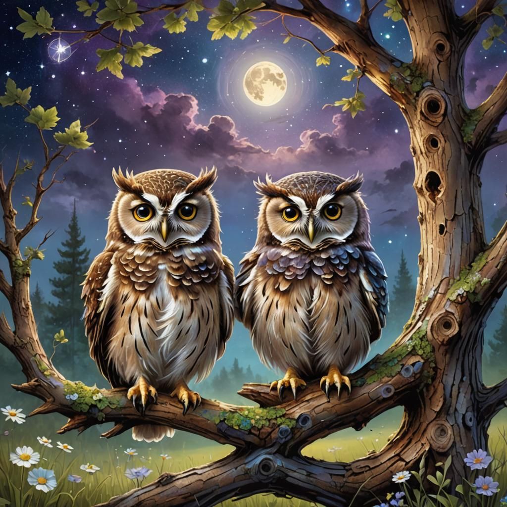 Beautiful cute happy fluffy owl-chicks, summer landscape, ol...