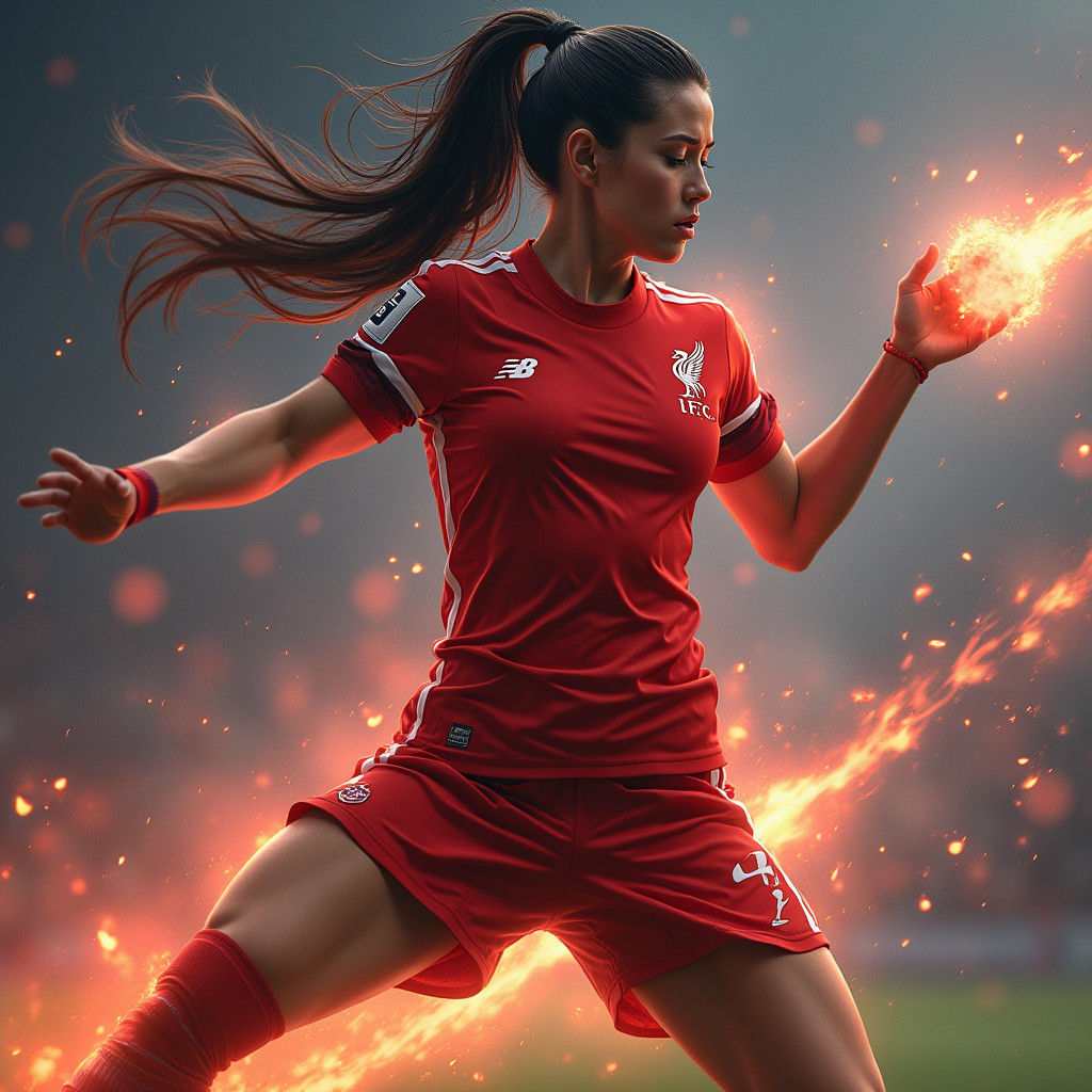 Woman in Liverpool FC Kit Scores Goal: Hyperdetailed Art