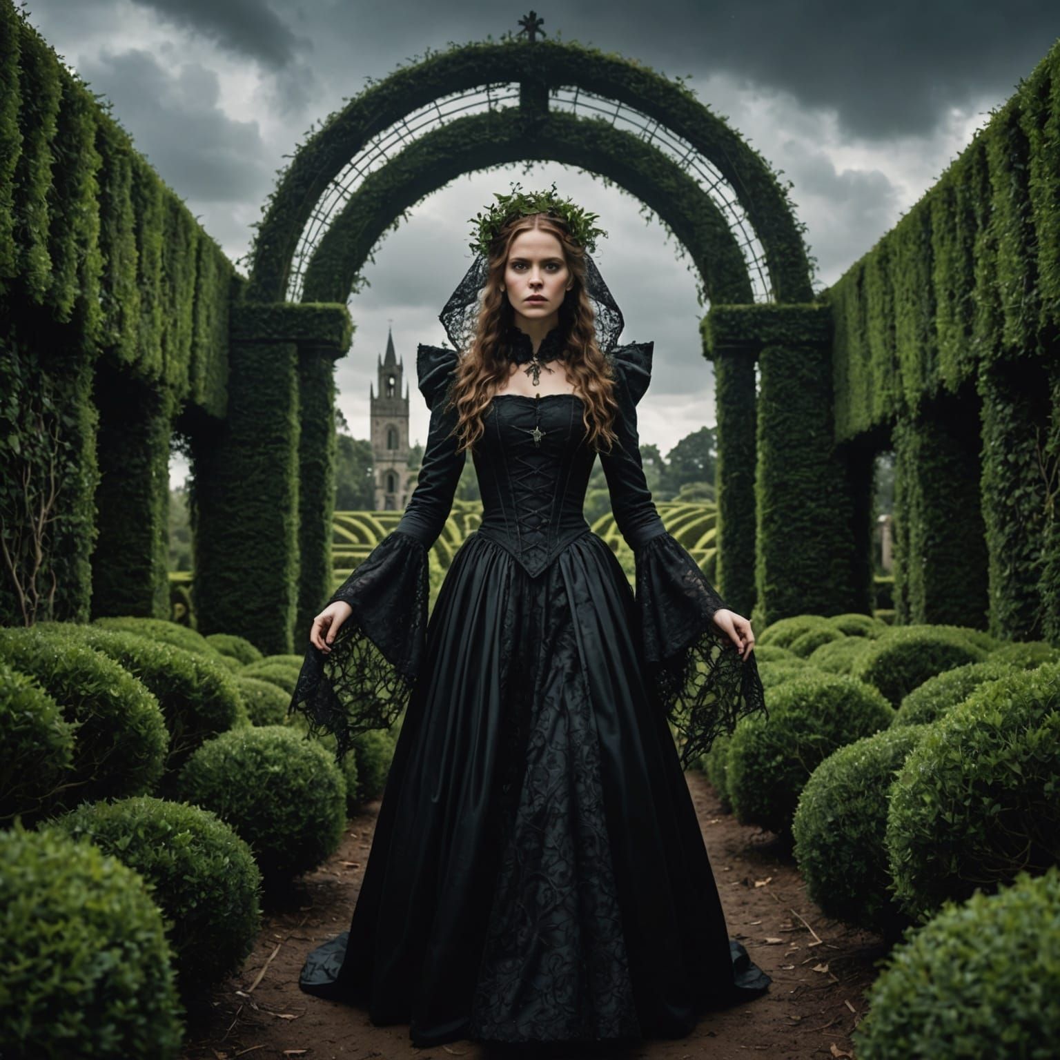 Gothic Woman Navigates Stormy Hedge Maze