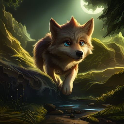 Cute Wolf Cub in Fantastical Landscape