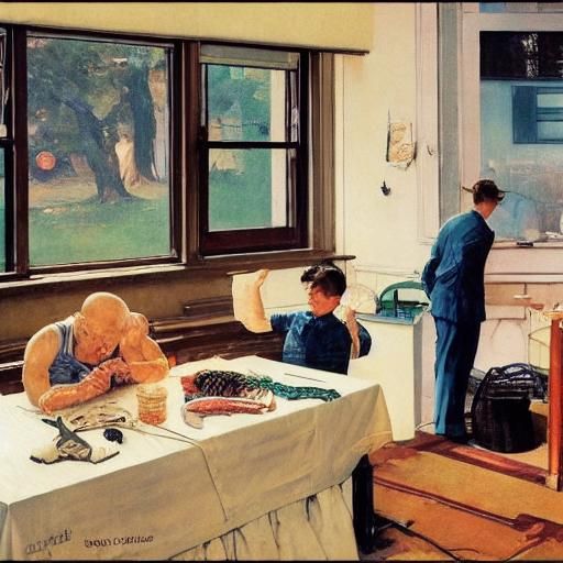16k resolution, art by Norman Rockwell, Edward Hopper, everyday life with robots, robotic household chores, robots in su...