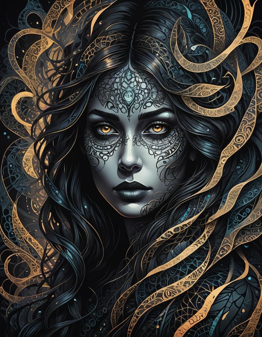 Mysterious Woman: Abstract Vector Portrait in Dark Fantasy S...
