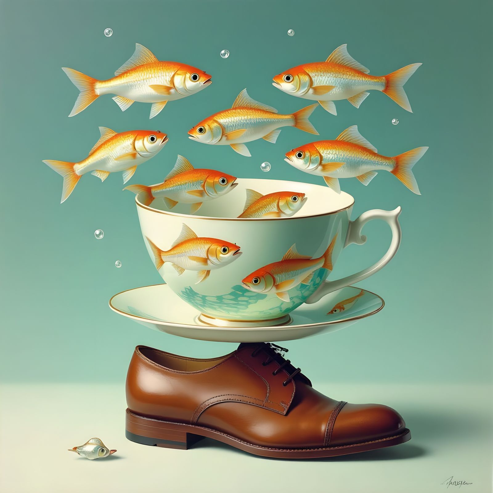 Surreal Composition of Fish, Umbrella, Teacup, and Shoe