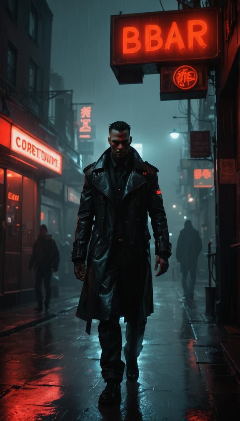 Cyberpunk Doorman in Rainy Red Light District
