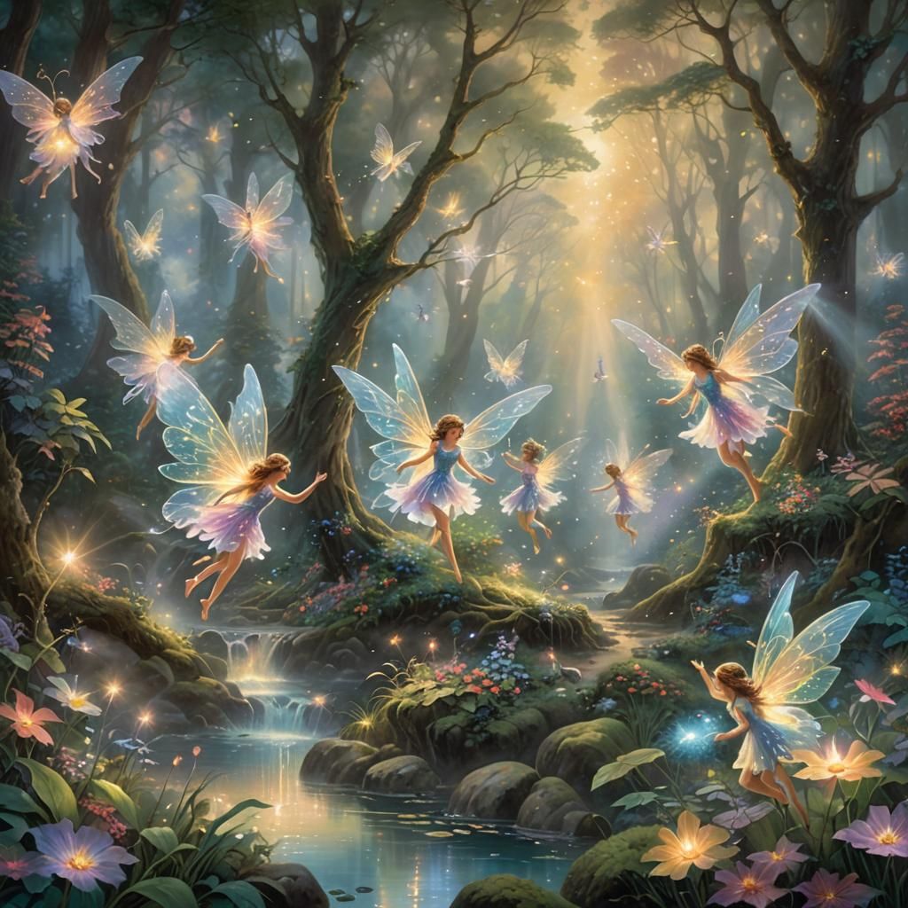 Enchanting Fairies Dancing in Luminous Forest