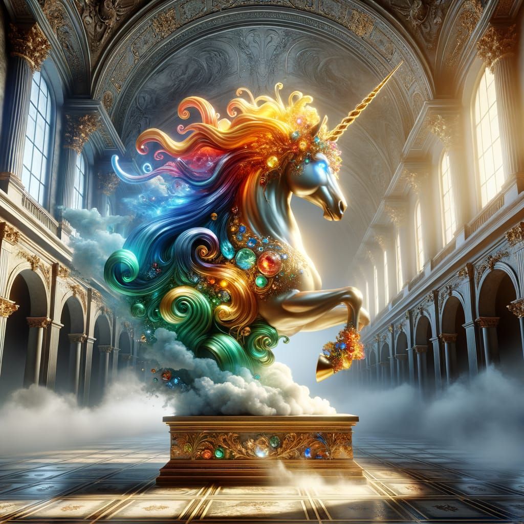 Ornate Golden Unicorn Sculpture in Baroque Style