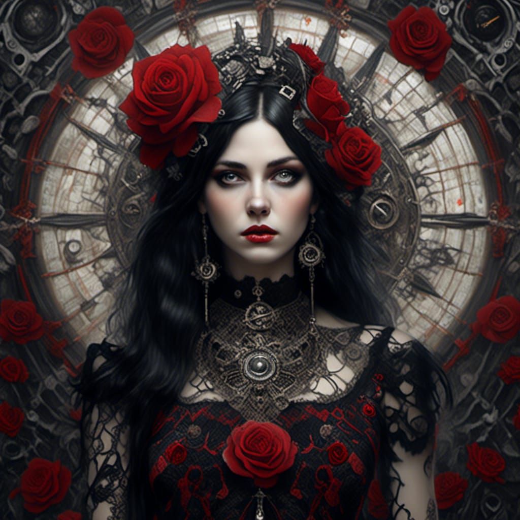 Gothic Dieselpunk Woman in Ornate Astrological Dress