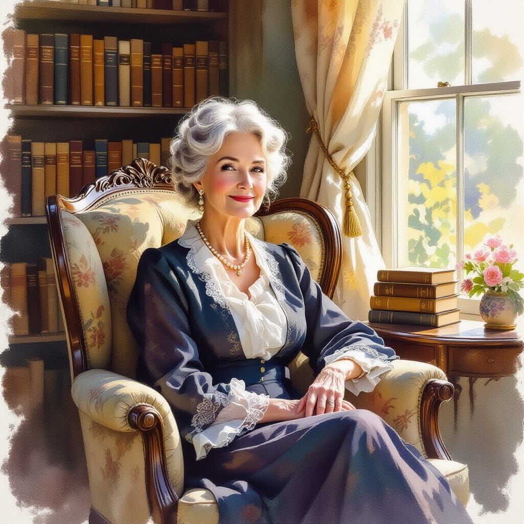 Elegant Elderly Woman Reading Among Books in Watercolor Styl...