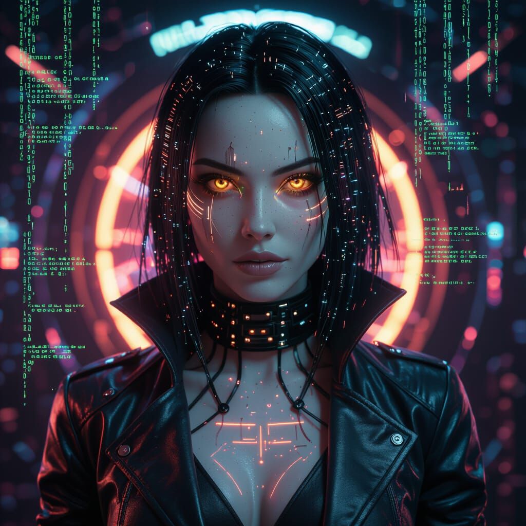 Cyberpunk Netrunner Ibis With Glowing Data Tattoos