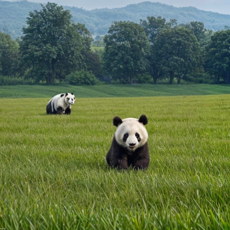 Pandas Enjoying a Vibrant Meadow