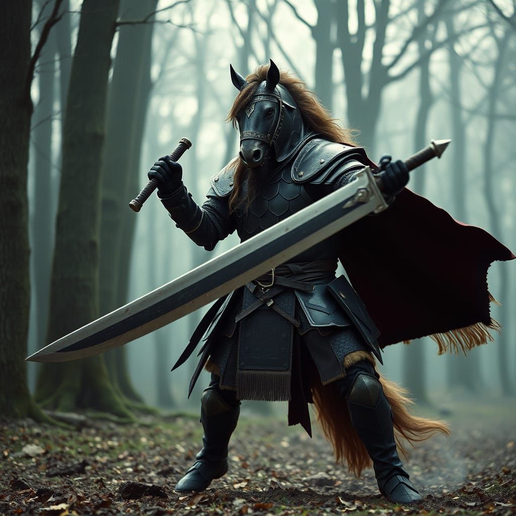Horse Barbarian Warrior in Mystical Forest, Cinematic Style