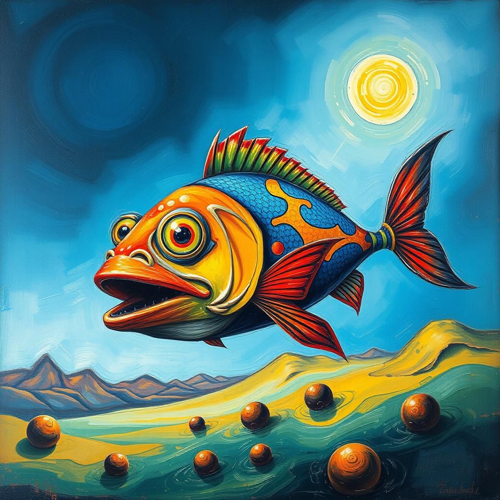 Surreal Fish with Impasto Brushstrokes on Canvas
