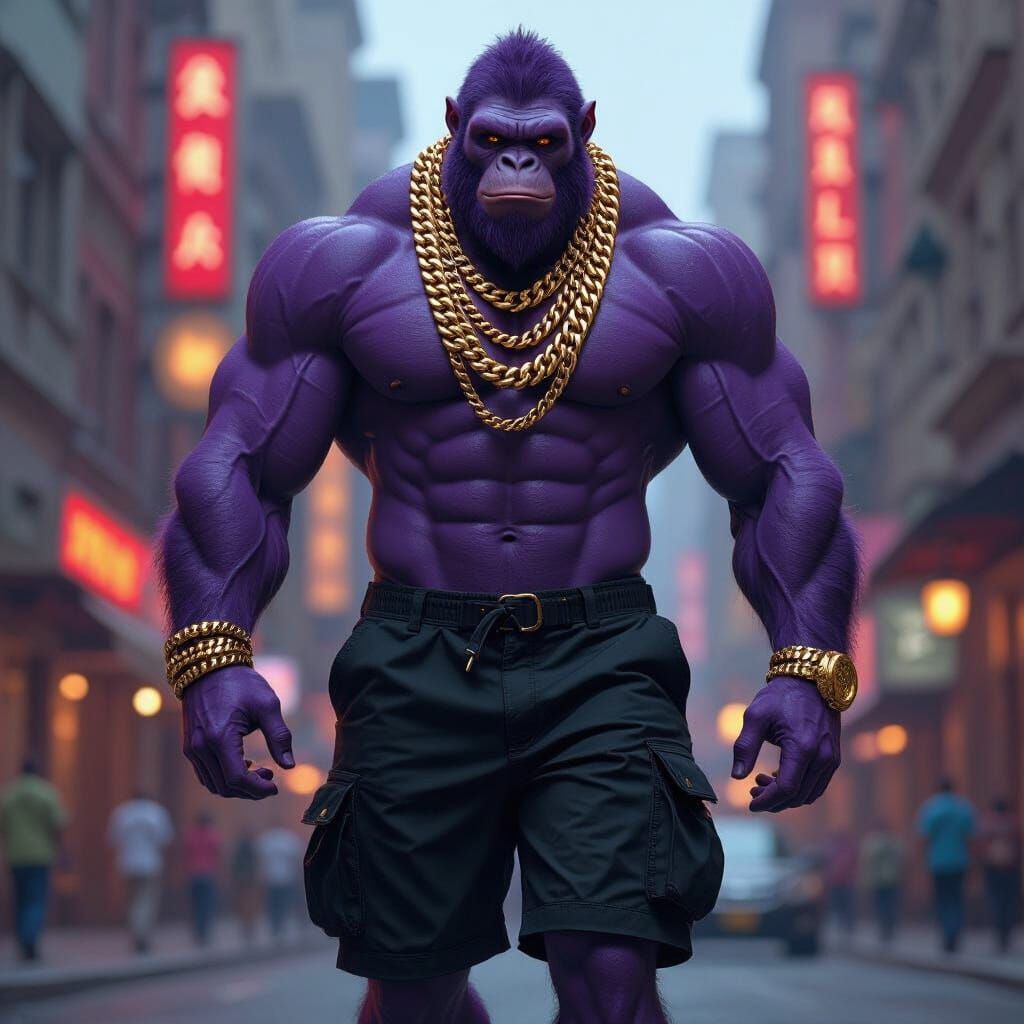 Purple Ape Walking Downtown: Matte Painting Style