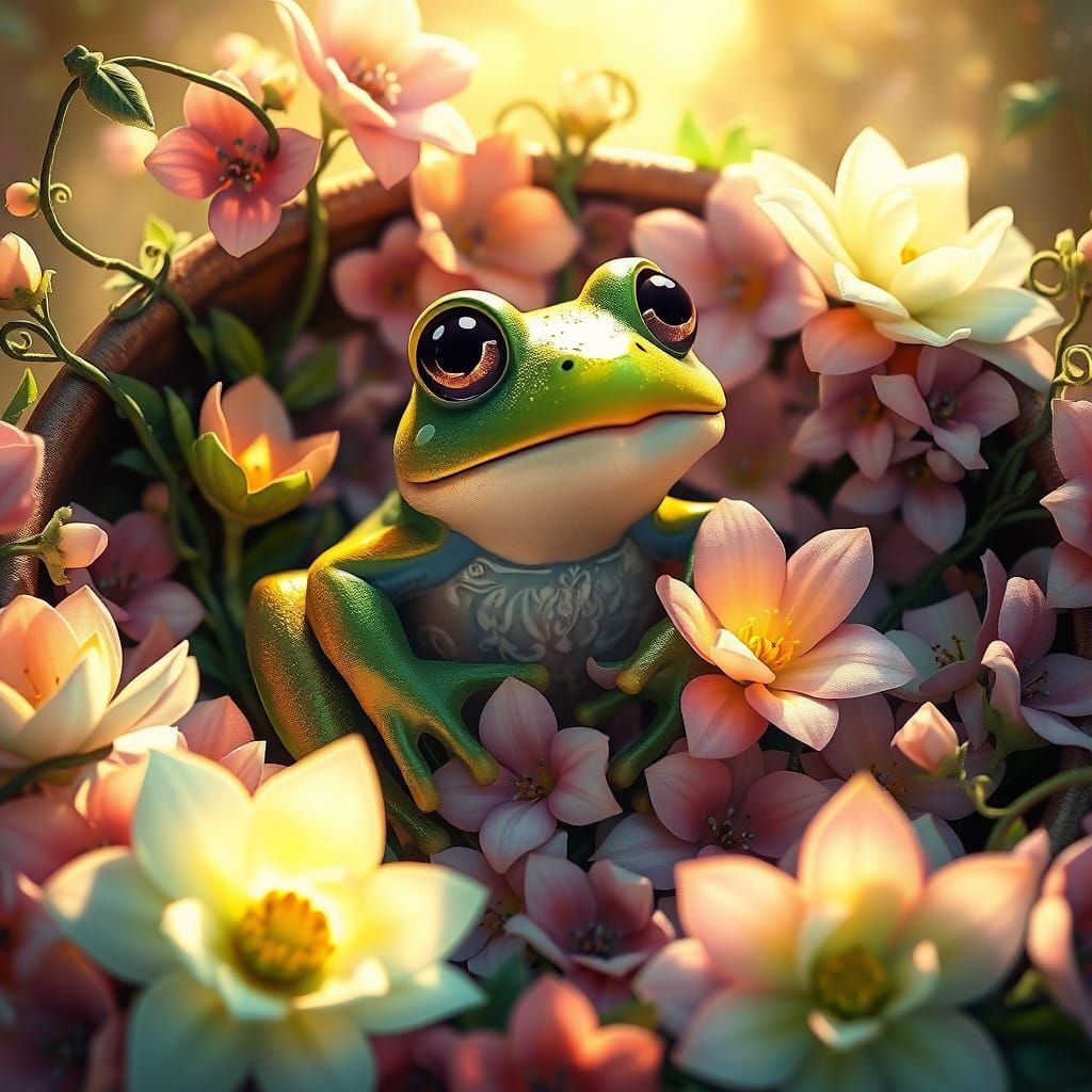 Whimsical Frog Surrounded by Glowing Lavender and Peach Flow...