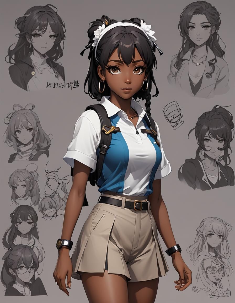 African American Girl Studying in Anime Style