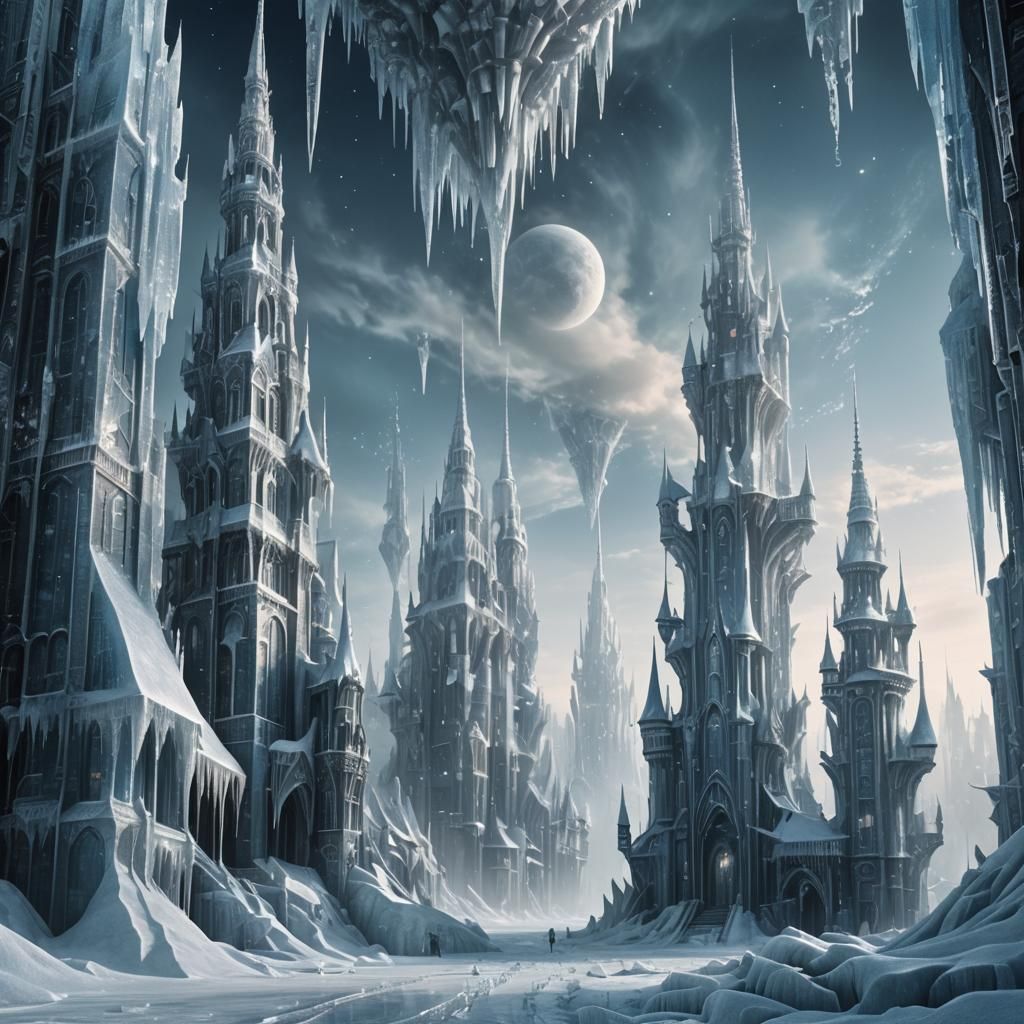 Frozen Cityscape in Ice Crystals, Surreal Architecture