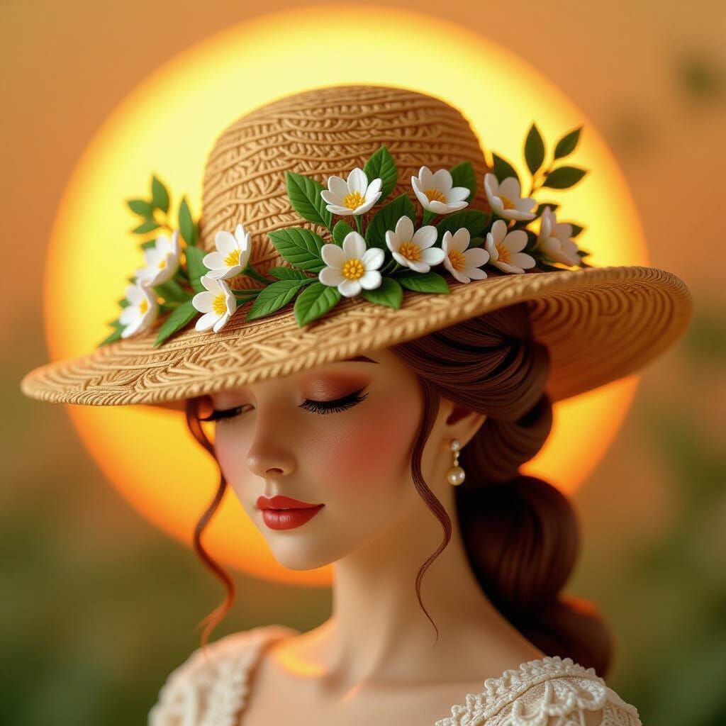 Woman Wearing Ornate Wooden Hat Adorned with Flowers