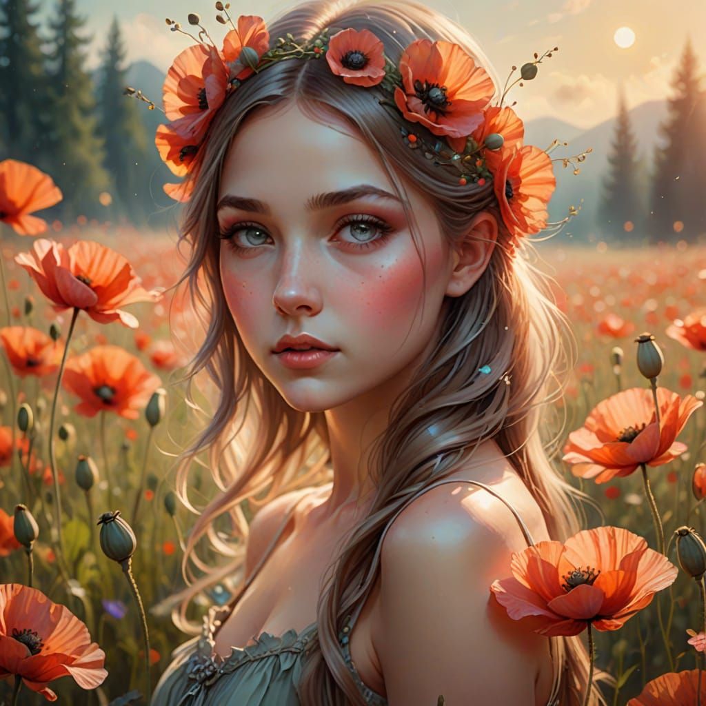Whimsical Fairy in a Glowing Poppy Field