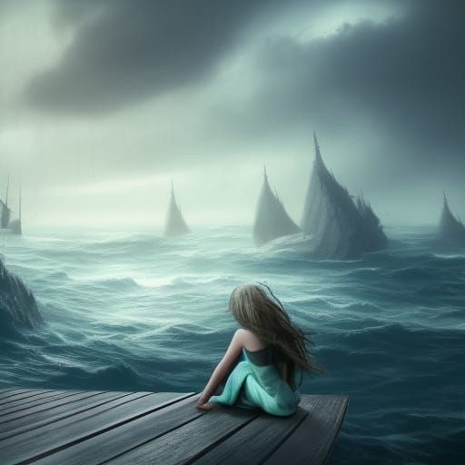 Girl on Raft in Stormy Sea: Fantasy Concept Art