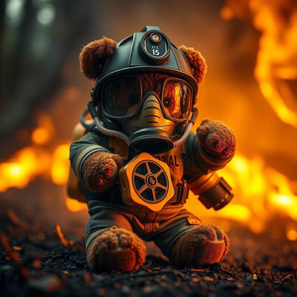 Teddy Bear Firefighter in Burning Forest: Digital Art