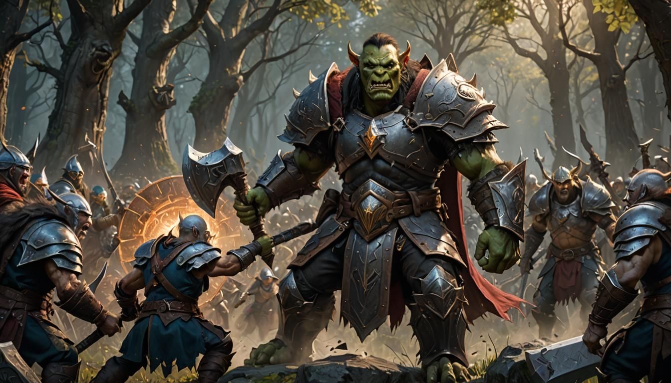 Orc Paladin Protecting Elf Sorcerer: Fantasy Art