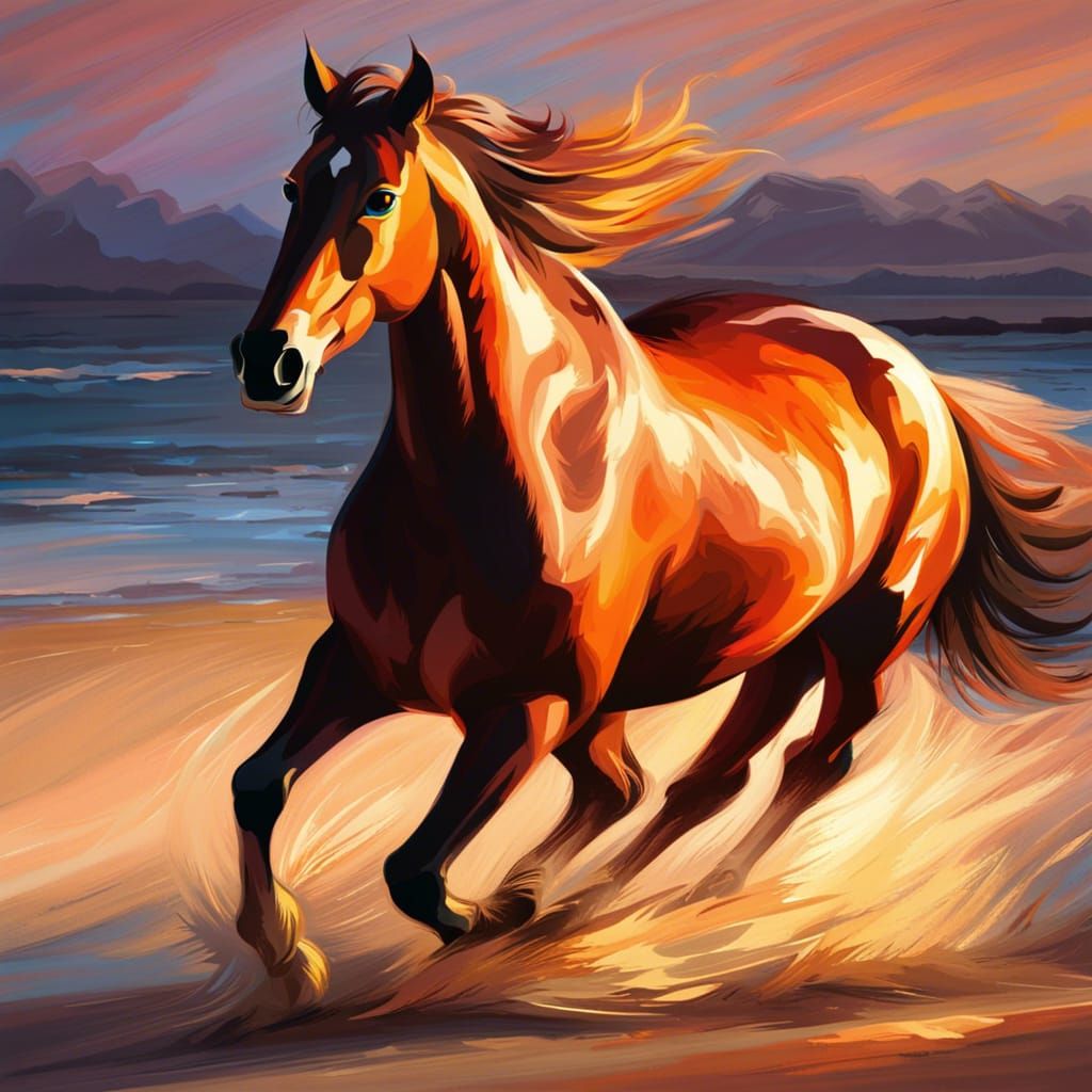 Impressionistic Horse Galloping on Beach at Sunset