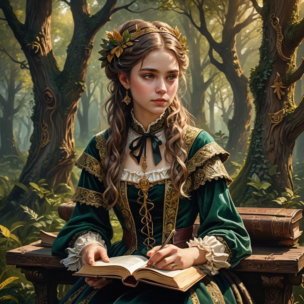 Girl Reading Book in Forest, Pre-Raphaelite Style