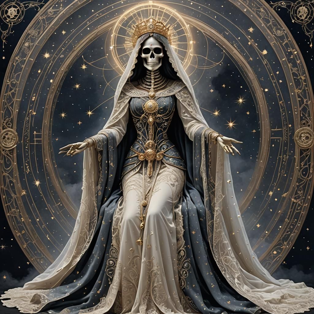 Santa Muerte Enthroned in Celestial Realm: 3D Anime Art