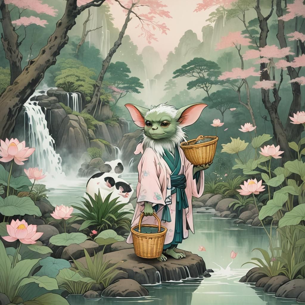 Gremlin and Mouse Conversation in Ukiyo-e Dreamscape