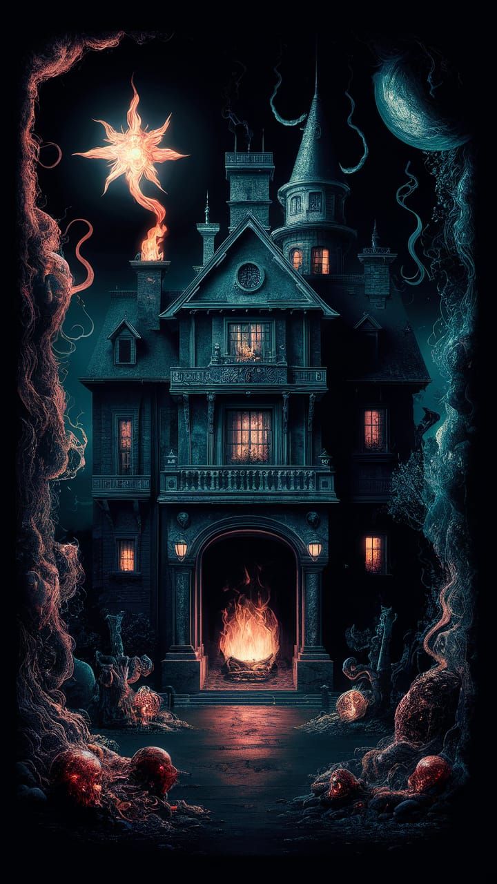 Eerie Mansion Illuminated by a Guiding Star