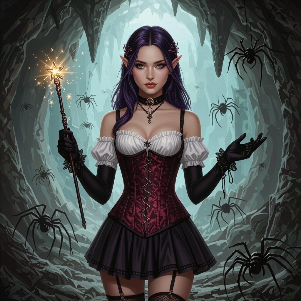 Drow Teen Girl with Magic Wand in Cavern City