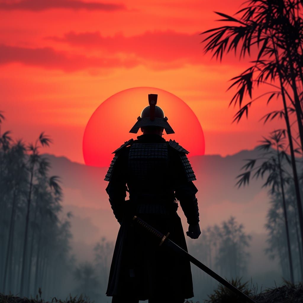 Samurai Silhouette in Indigo Armor at Sunset