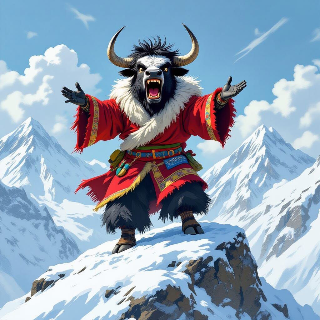 Fierce Yak Yodeling on Himalayan Peak, Stylized Rendering