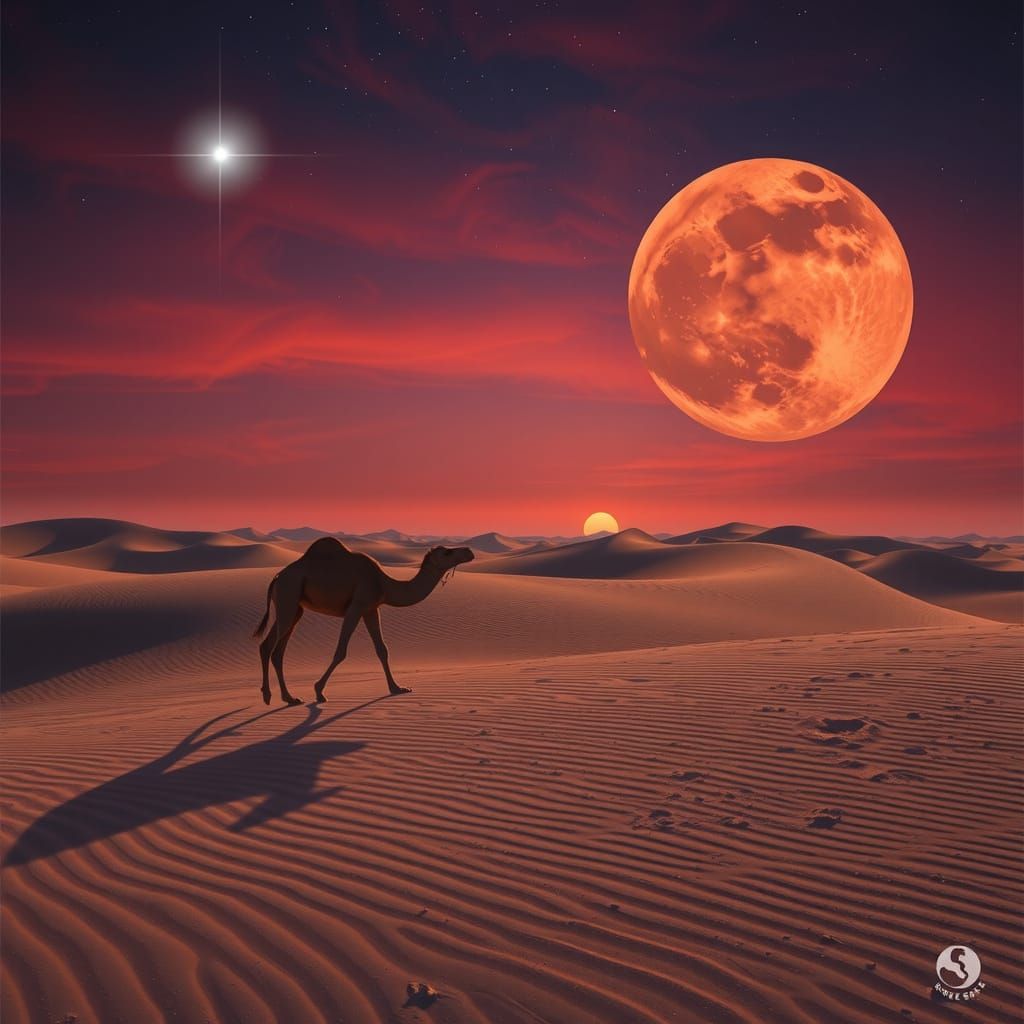 Camel in Desert Dunes at Twilight with Red Moon