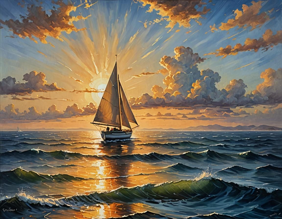 Sailboat on Open Sea: Vibrant Oil Painting