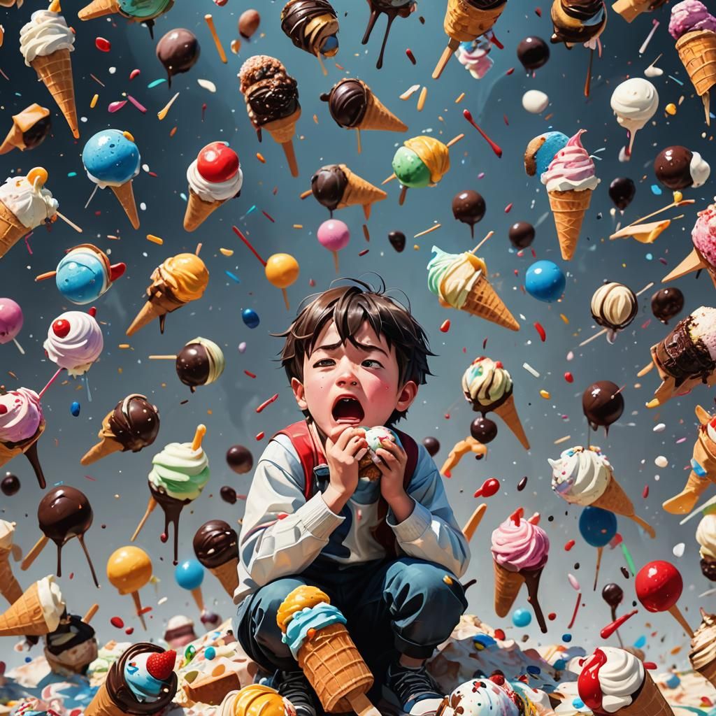 Grumpy Kid Crying Over Ice Cream, Action Painting