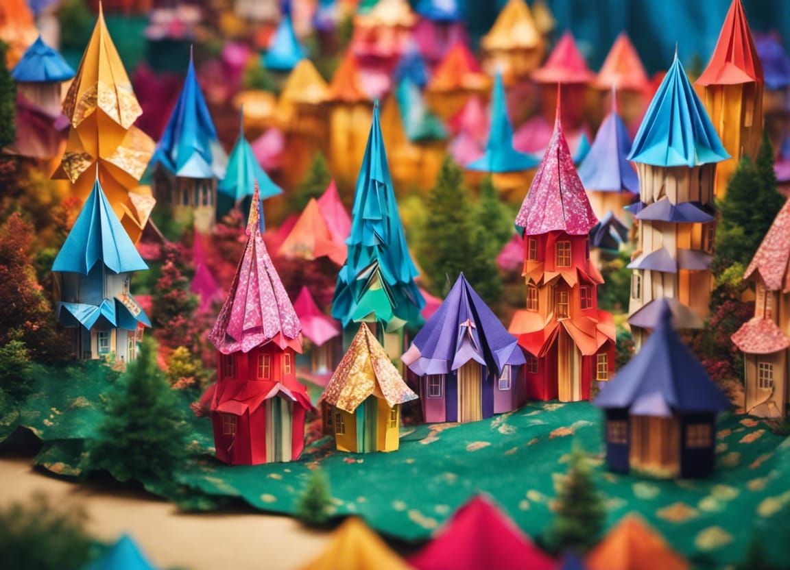 Colorful Origami Fantasy Village and Castle