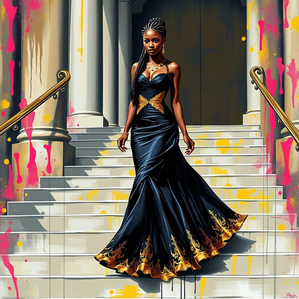 Black Cinderella in Gold Gown on Ballroom Steps