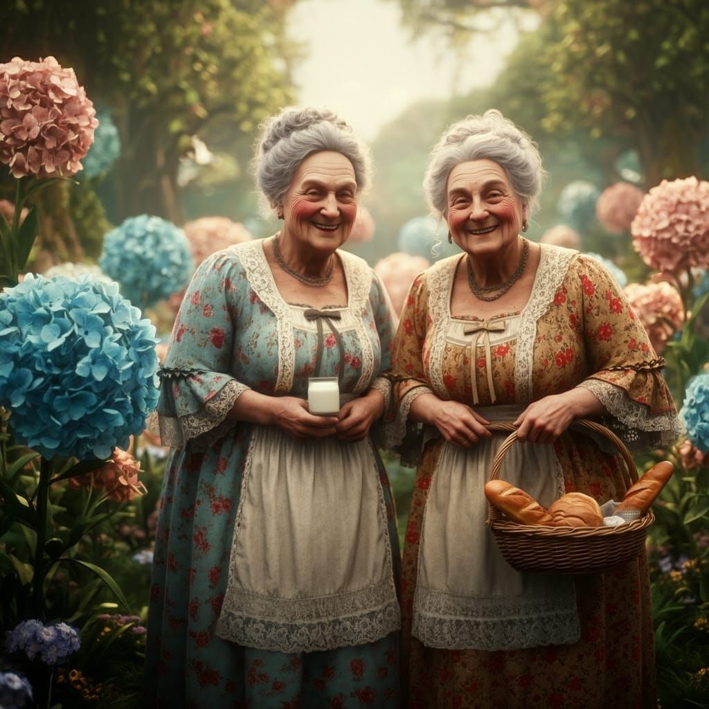 Two Whimsical Elderly Women in Vibrant Floral Dresses Amidst...