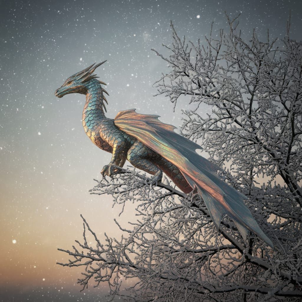 Ethereal Fabric Dragon Amidst Snowy Winter Wonderland