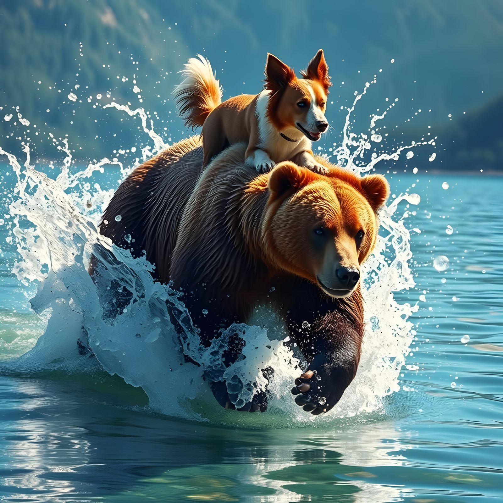 Surreal Bear and Dog Chase Through Whimsical Water Scene